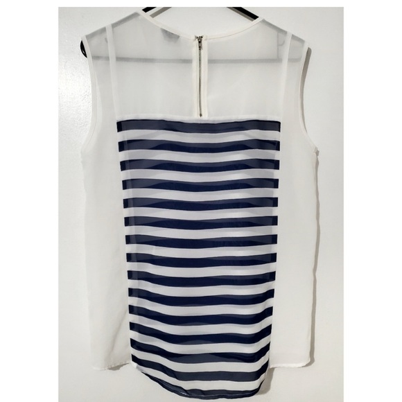 Fate Women's Navy and White Striped Sheer Tank Medium - Picture 2 of 5